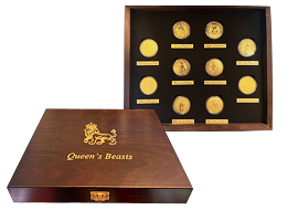 Kompletní sada zlatých mincí 10 x 1 Oz The Queen's Beasts (2016-2021) + etue