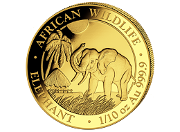 Zlatá mince 100 Schillings Elephant (Slon africký) 1/10 Oz 2017 (African Wildlife Series)