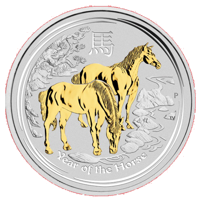 Lunární série II. - stříbrná mince pozlacený Year of the Horse (Rok koně) 1 Oz 2014 (Gilded)