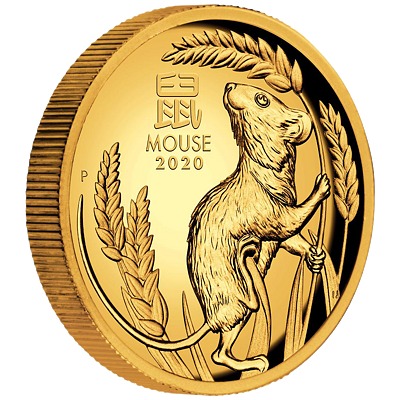 Lunární série III. - exkluzivní zlatá mince Year of the Mouse (Rok krysy) 1 Oz 2020 High Relief PROOF