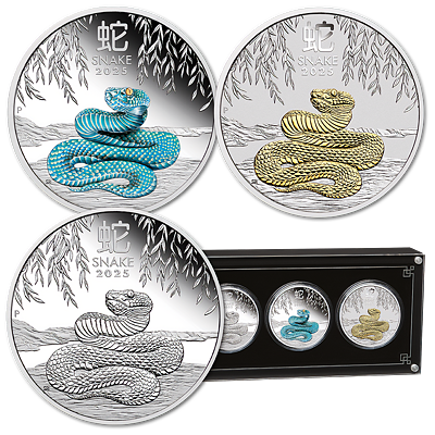 Lunární série III. - sada 3 x 1 Oz stříbrných mincí Year of the Snake (Rok draka) 2025 (PROOF, Color PROOF, Gilded)