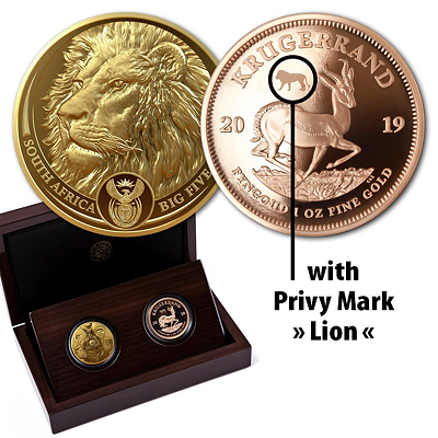 Exkluzivní zlaté mince Big Five 2x 1 Oz Lion + Krugerrand (Privy Slon) 2019 PROOF - (2.)