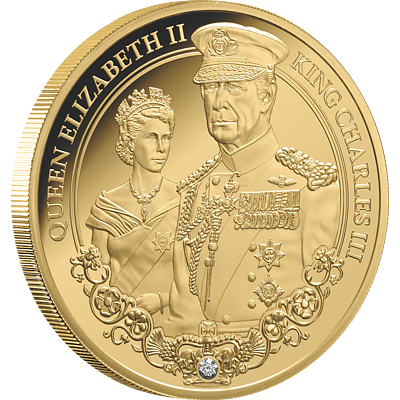 Exkluzivní zlatá mince Královna Elizabeth II. a Král Karel III. - Portraits of Power 1 Oz 2025 (v minci je vsazen DIAMANT) PROOF