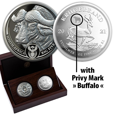 Exkluzivní stříbrné mince Big Five 2x 1 Oz Buffalo + Krugerrand (Privy Buvol) 2021 PROOF - (5.)