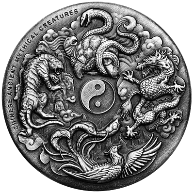 Stříbrná mince 2 TVD Čínské starověké mýtické bytosti 2 Oz 2016 Antique Standard High Relief
